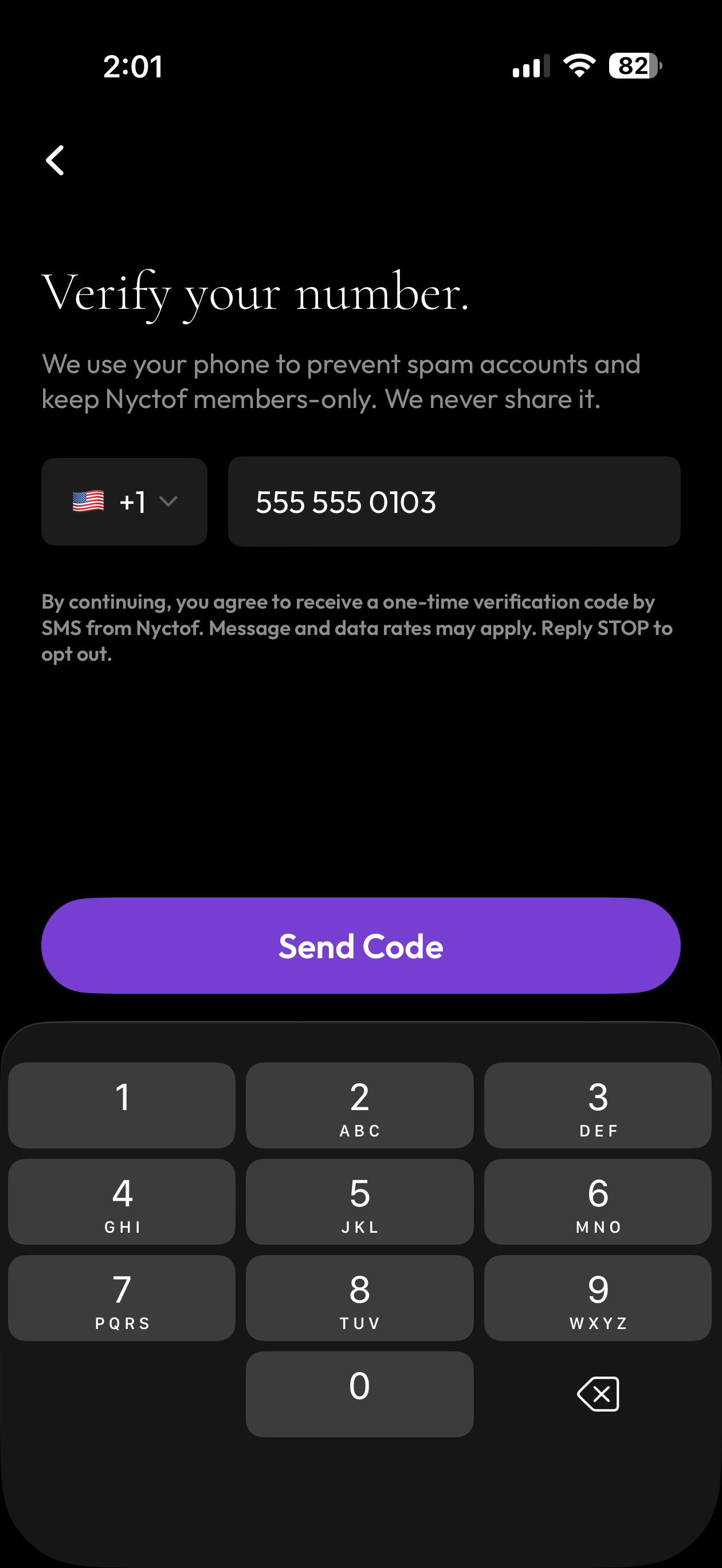 Nyctof sign-in screen showing the phone number field with SMS consent language above the Send Code button